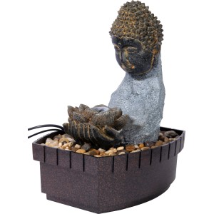 Zimmerbrunnen Buddha mit Lotusblüte in Steinoptik und Deko-Steinen.