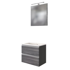 Held Möbel Gäste-Waschtisch-Set Neapel, 60 cm, Eiche Rauchsilber/Graphitgrau mit Spiegel und LED-Leuchte.