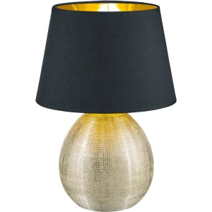 Trio Tischleuchte Luxor, schwarz-goldene Designlampe mit Stoffschirm, 35 cm hoch.