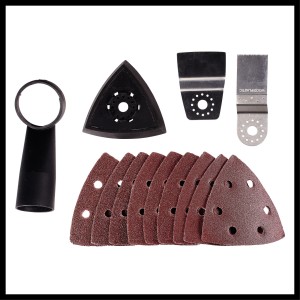 Zubehör für Einhell Multifunktionswerkzeug TC-MG 250 CE: Schleifpapier, Sägeblätter, Schaber, Staubabsaugung.