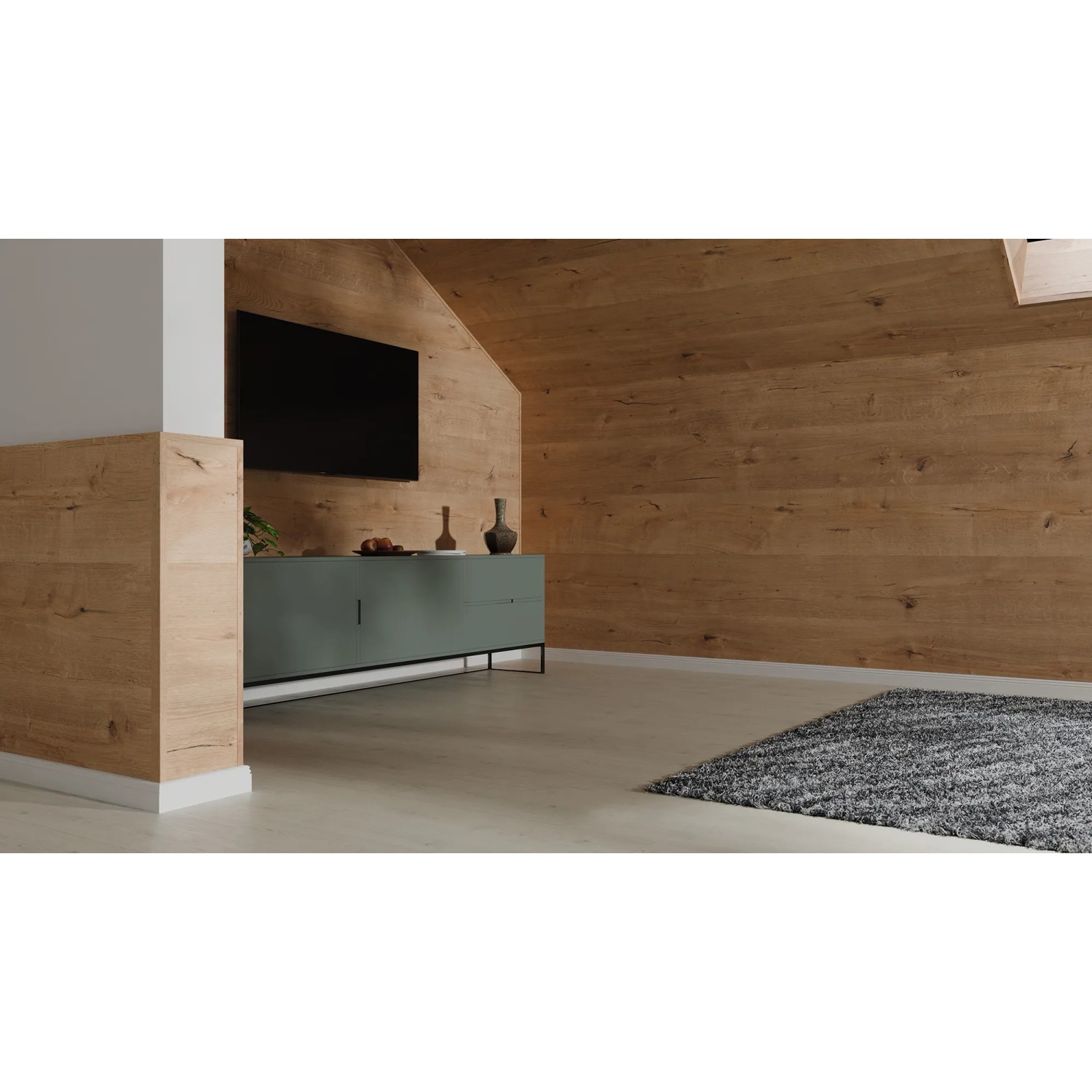 Raum mit Egger Decowall Faltleiste FL008 Loveland Eiche als Wandverkleidung.