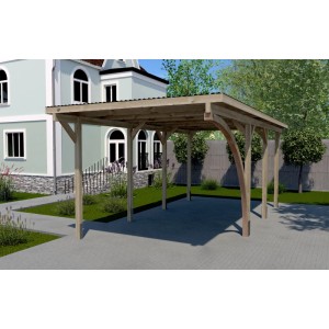 Weka Einzelcarport aus Holz mit Rundbogen, stabiler Dachkonstruktion auf 9x9 cm Pfosten, auf Einfahrt vor Haus.