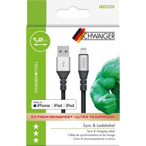 Schwaiger Lightning Ladekabel, 1,2m, unzerstörbar, für iPhone, iPad und iPod.