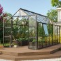 Vitavia Gewächshaus Olymp 11500, schwarzer Rahmen, Glas, 11,5 m² mit Fundament auf Holzterrasse.