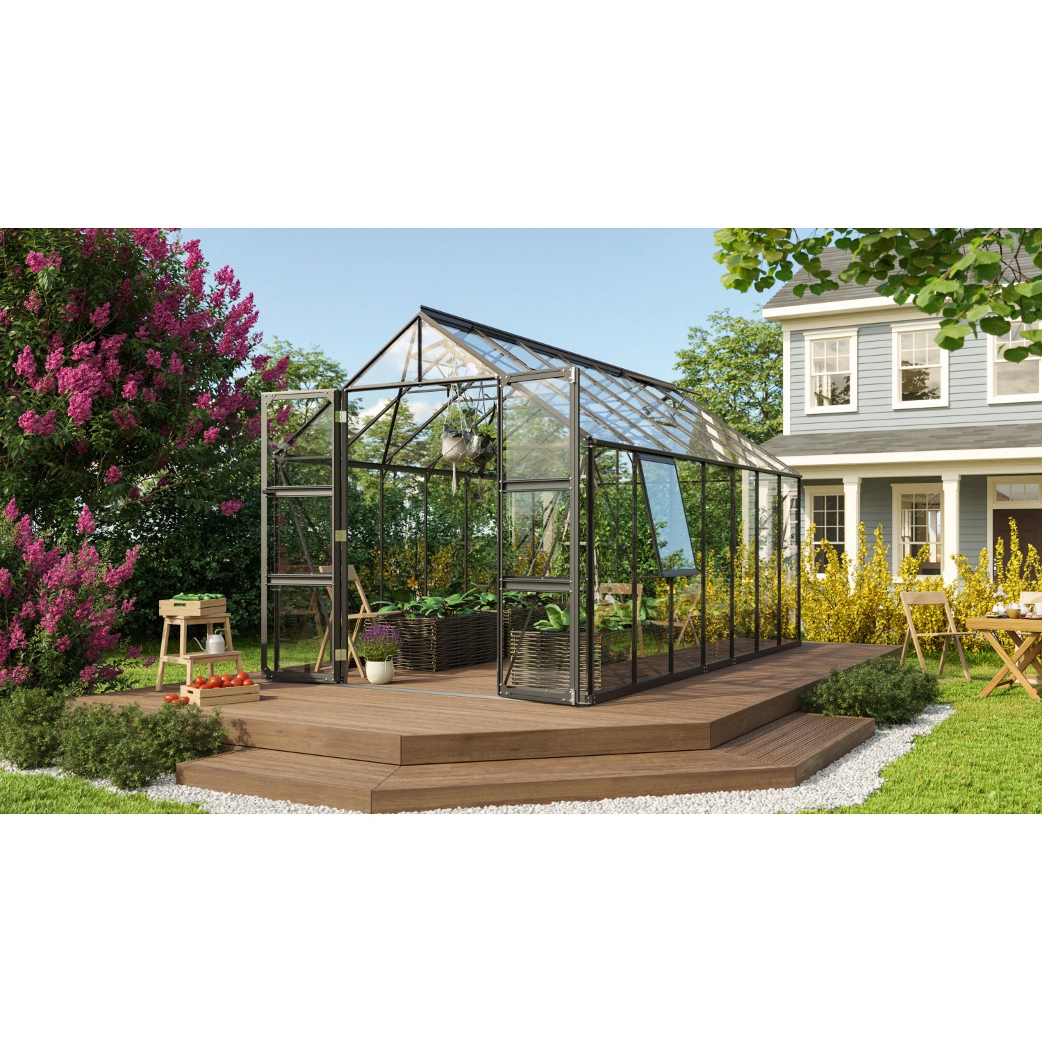 Vitavia Gewächshaus Olymp 11500, schwarzer Rahmen, Glas, 11,5 m² mit Fundament auf Holzterrasse.