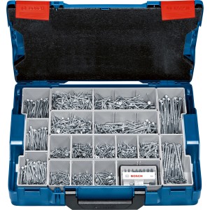 Offener Bosch Schraubenkoffer mit Spanplattenschrauben, Universalschrauben und Bit-Set.