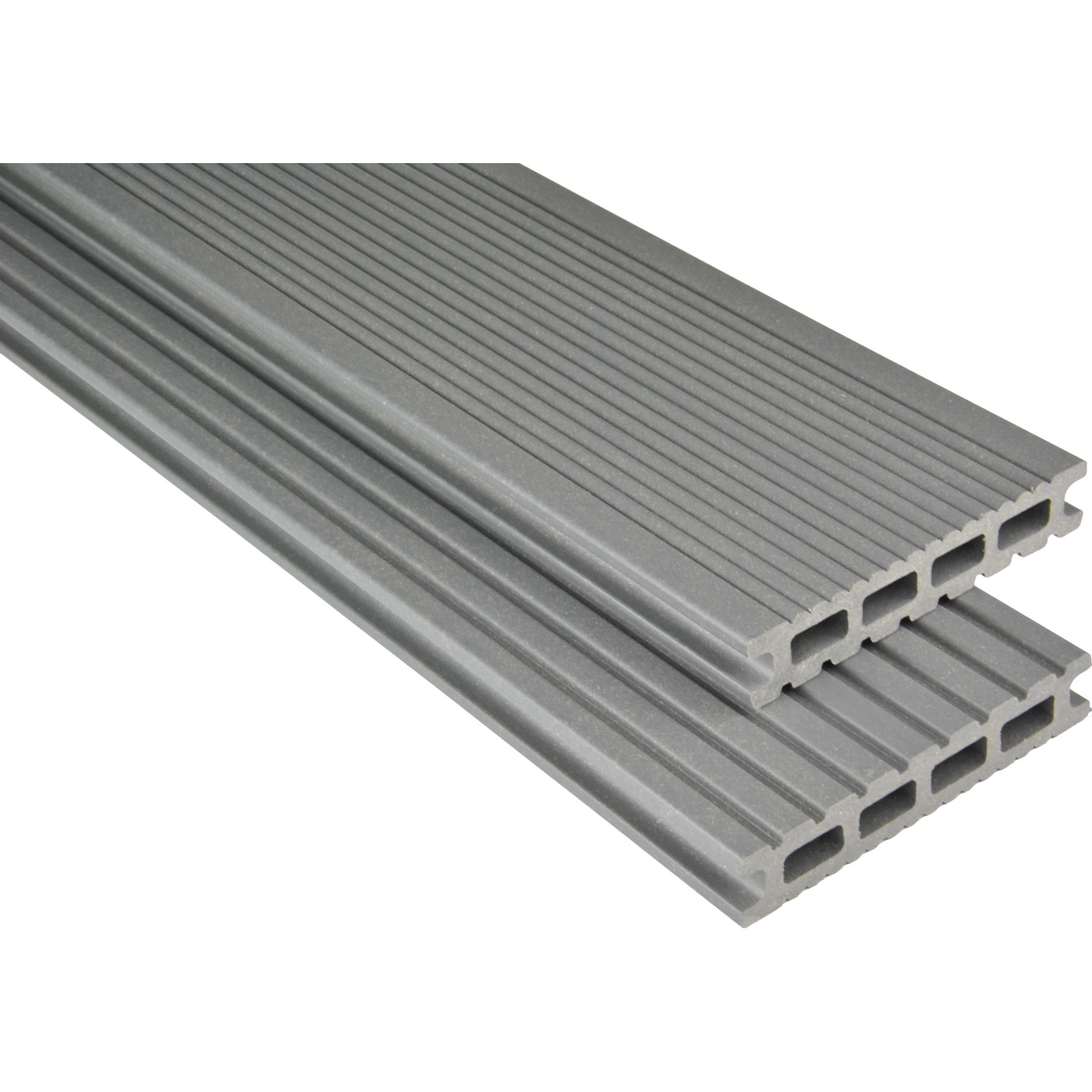 Graue Kovalex WPC Terrassendielen mit matter Oberfläche und feiner Riffelung.