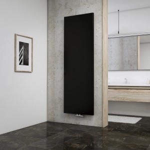 Schulter Design-Heizkörper New York, anthrazit, mit Mittenanschluss im modernen Bad.