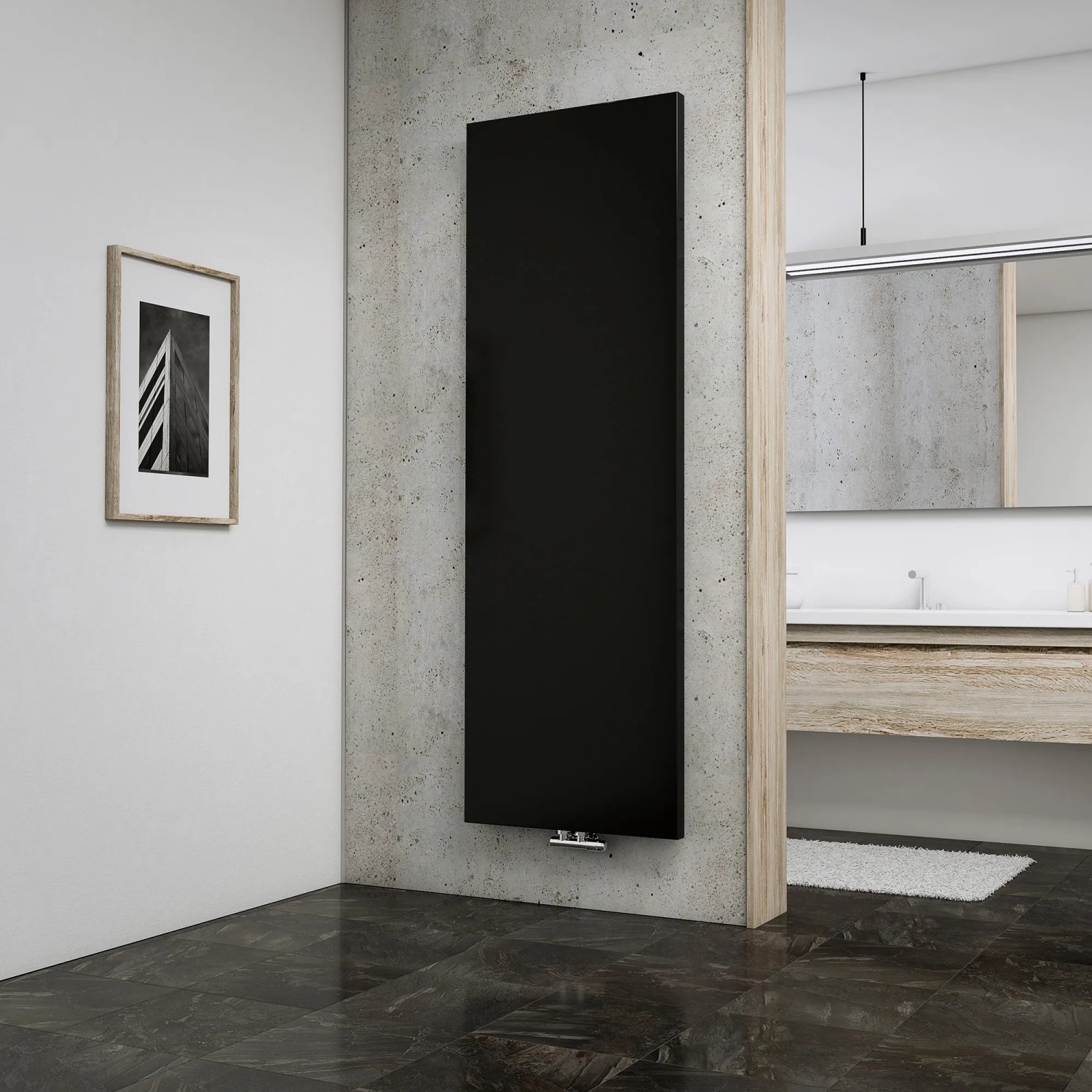 Schulter Design-Heizkörper New York, anthrazit, mit Mittenanschluss im modernen Bad.