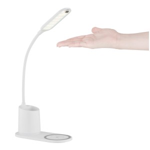 Weiße Globo LED-Tischlampe Melli mit Stifthalter und Wireless-Ladefunktion.