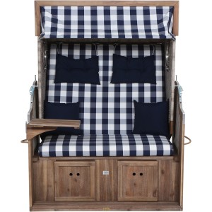 Trendy Strandkorb Greenline 135+ mit blau-weiß kariertem Dessin und Akazienholz.