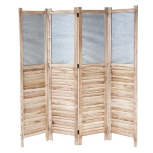 MCW Paravent D27, Raumteiler mit 4 Paneelen in Fensterladenoptik aus Holz und Metall.