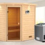 Woodfeeling Sauna Jella mit Bio-Ofen und LED-Dachkranz. Massivholzsauna mit Glastür und Saunabänken.