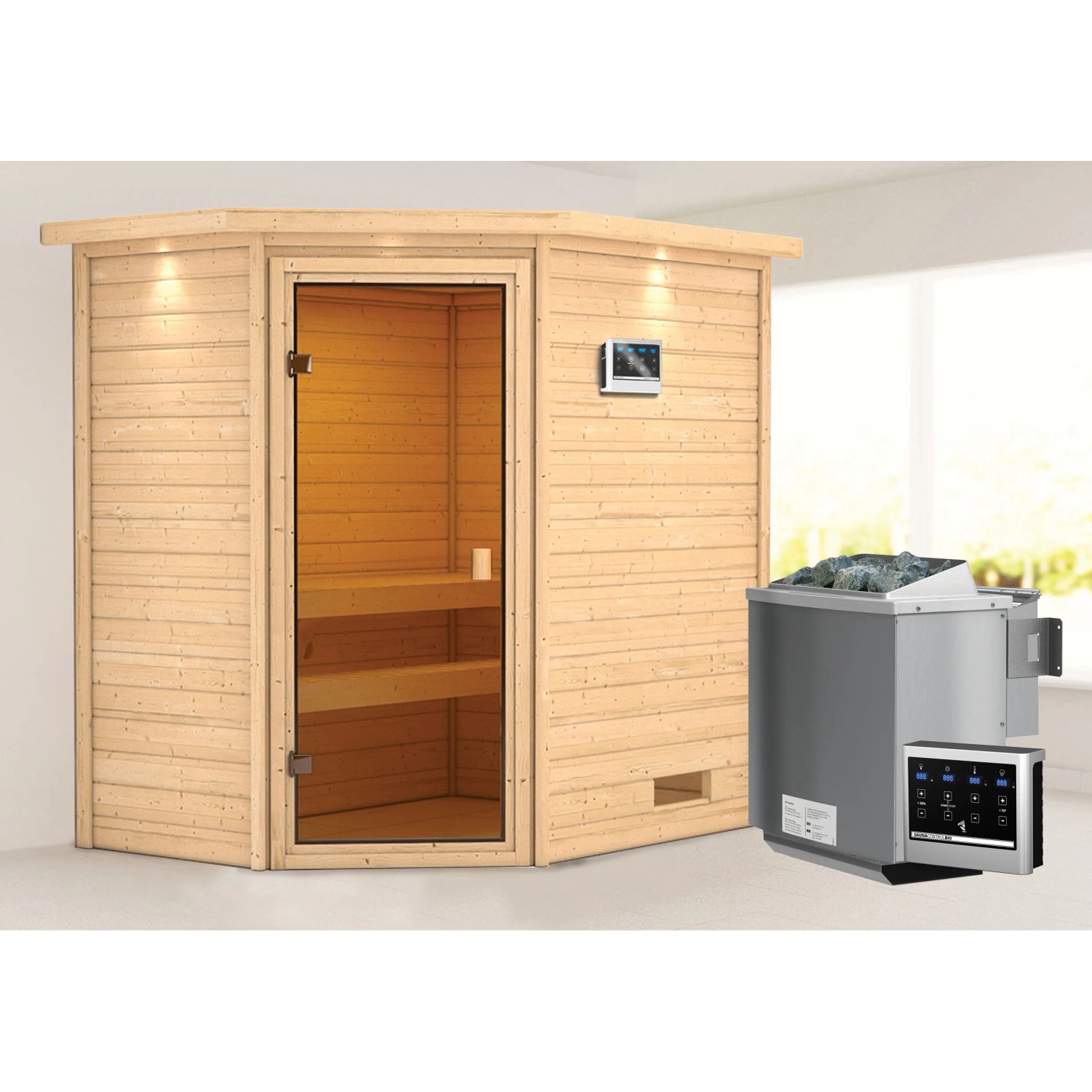 Woodfeeling Sauna Jella mit Bio-Ofen und LED-Dachkranz. Massivholzsauna mit Glastür und Saunabänken.