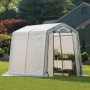 Weißes ShelterLogic Foliengewächshaus 240x180 cm im Garten. Ideal für Tomatenzucht.