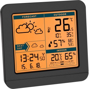 Schwarze TFA Funk-Wetterstation Sky mit Außensender zeigt Wettervorhersage, Innen- und Außentemperatur.