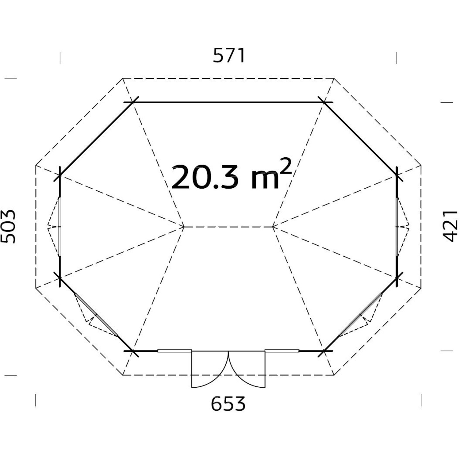 Grundriss Palmako Holz-Pavillon Hanna, 421/571 cm. Gartenlaube mit Maßen und Türposition.