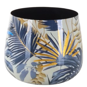 Metall-Übertopf mit blau-cremefarbenem floralem Blättermuster und glänzenden Gold-Reflexen.