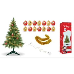 Disney Tisch-Christbaum-Set Mickey 60 cm: Künstlicher Baum, rote/goldene Mickey-Kugeln, Lametta, Lichterkette, Verpackung.