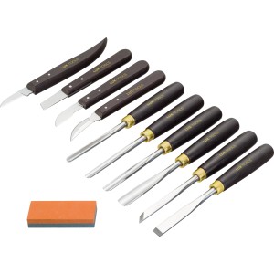 LUX Kerbschnitzsatz Comfort, 11-teilig mit Messern, Beitel und Schleifstein.