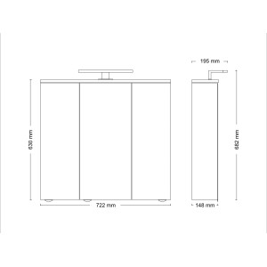 Skizze des Jokey Spiegelschrank Arda LED, 72 cm, schwarz hochglanz, mit Maßangaben.