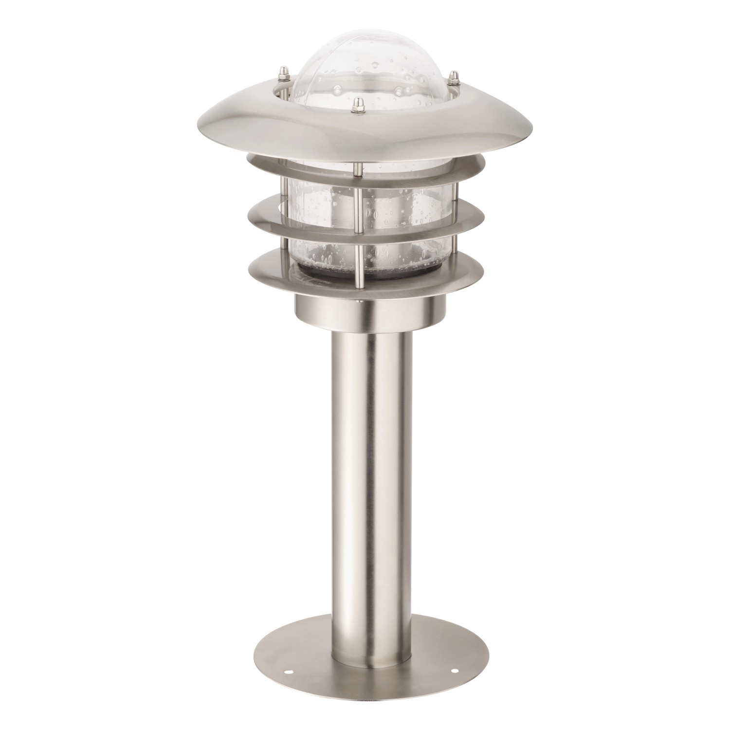 Moderne Außensockelleuchte Calprese aus Edelstahl mit Blasenglas, ca. 40 cm hoch.