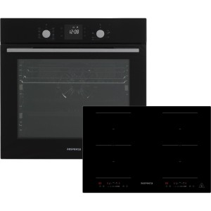 Respekta Herdset Ned + Fynn: Schwarzer Einbaubackofen und Induktionskochfeld mit vier Kochzonen.