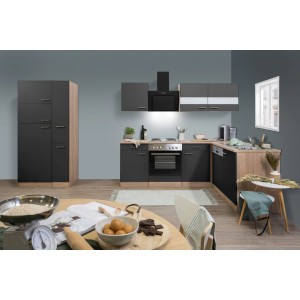 Respekta Winkelküche KBL310ESGS in Grau und Eiche Sonoma Sägerau Nachbildung mit E-Geräten.