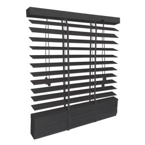 Schwarze Sol Royal Holzjalousie (B140xH180cm) für Fenster, mit Zugschnüren zur Lichtregulierung.