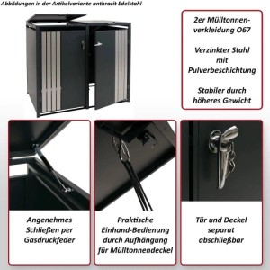 Anthrazitfarbene Mülltonnenbox für 2 Tonnen, Holzoptik, mit abschließbaren Türen und Gasdruckfeder.