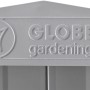 Detailansicht Globel Industries Metall-Gerätehaus, silber metallic, Logo.