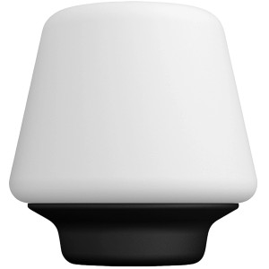 Schwarze Philips Hue White Ambiance Wellness Tischleuchte mit Dimmer und weißem Lampenschirm.