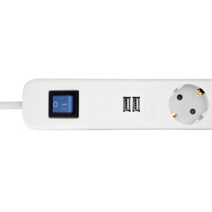 Weiße REV Ritter Steckdosenleiste mit 6-Fach-Anschluss und USB-Ports.