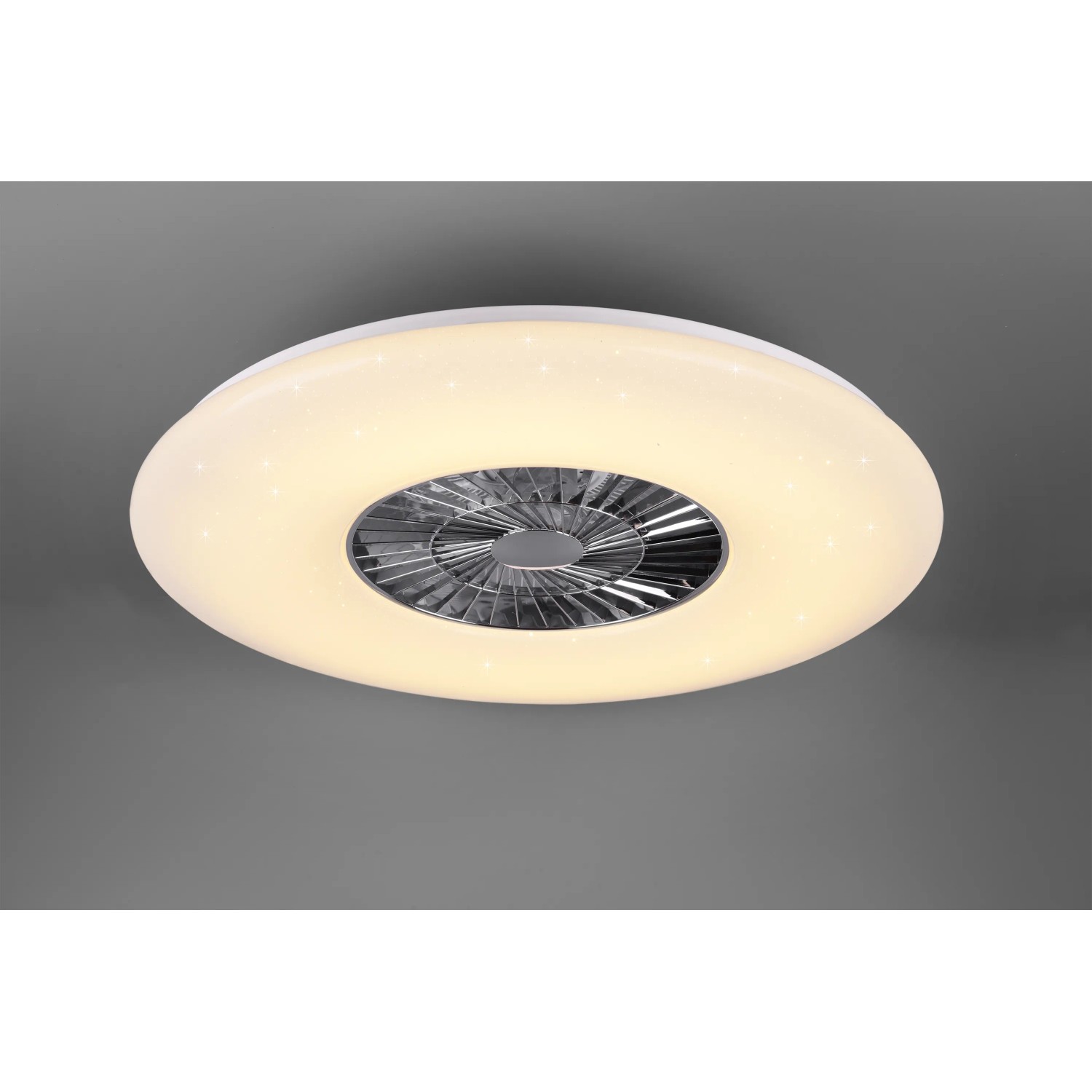 Weiße LED-Deckenleuchte Visby mit Chrom-Ventilator, 60W, dimmbar und mit Fernbedienung.