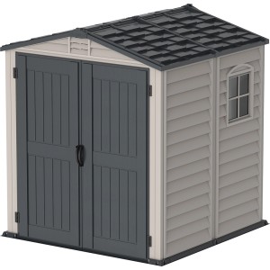 Duramax Kunststoff-Gartenhaus StoreMate Plus, graues Gerätehaus mit Doppeltür und Fenster.