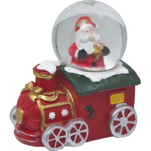 LED-Schneekugel mit Weihnachtsmann auf roter Polyresin-Eisenbahn, festliche Weihnachtsdekoration.