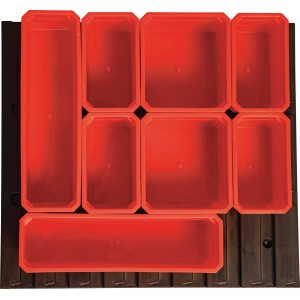 Qbrick Behälterset FX ORG300 für Werkzeugkoffer: Rote Kunststoffbehälter in verschiedenen Größen.