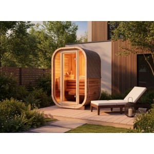 FinnTherm Fasssauna Ellipso S aus Thermoholz mit bronzierter Glastür und Fensterfront.
