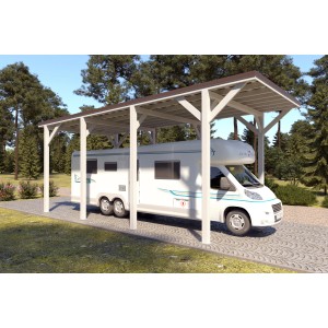 Reinweißer Holzbrüder Camping-Carport Ralf mit dunkelbraunem Blechdach und Wohnmobil.