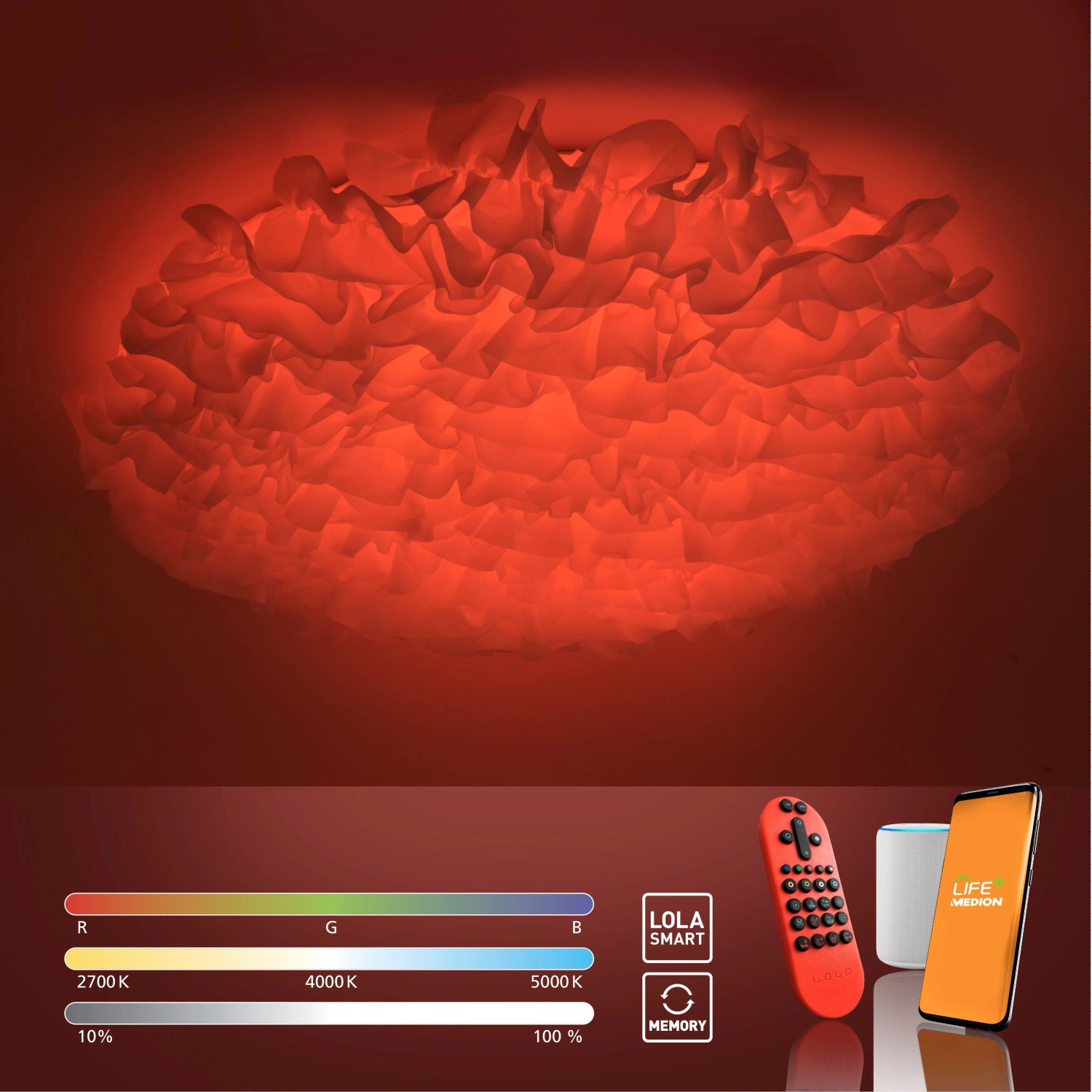 Smarte LED-Deckenleuchte LOLAsmart-Naomi, Ø 75 cm, mit rotem Licht und Fernbedienung.
