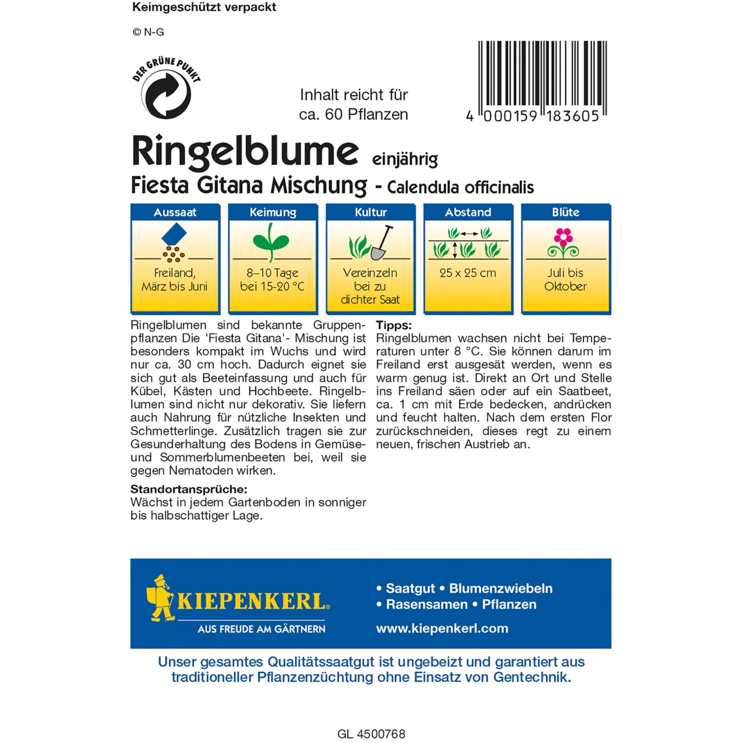 Samentüte Kiepenkerl Ringelblume Fiesta Gitana Gelb-Orange Calendula, einjährig.