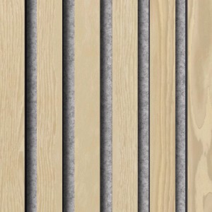 Akustikpaneel Muster Esche unbehandelt, MDF Leisten auf grauem Filz. Holzverkleidung für Wand und Decke.