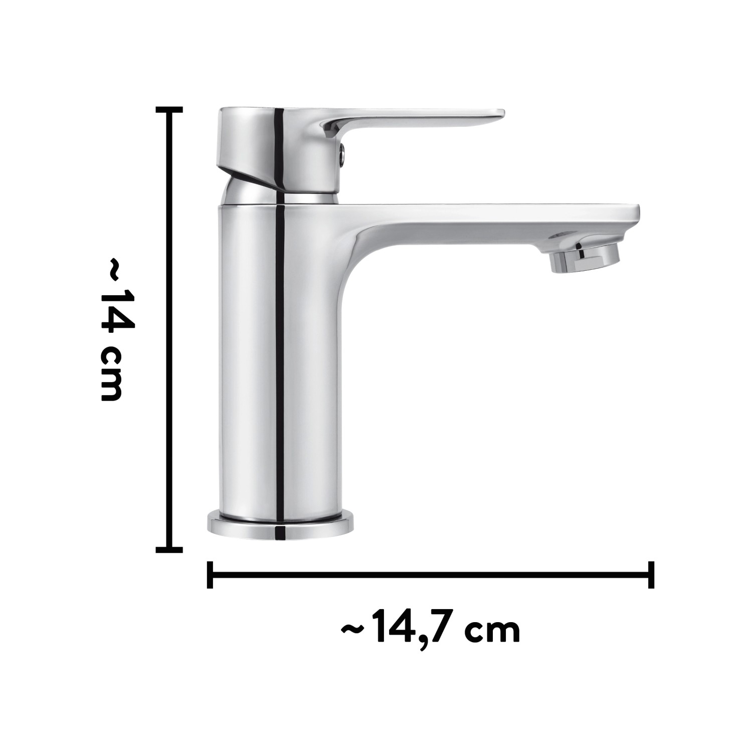 baliv Waschtischarmatur WT-590 Chrom, Einhebelmischer mit Pop-up Ventil und Maßangaben.