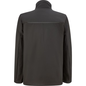 Schwarze Softshell-Jacke, Rückansicht. Hoher Kragen, reflektierender Streifen. Funktionale Arbeitsjacke.