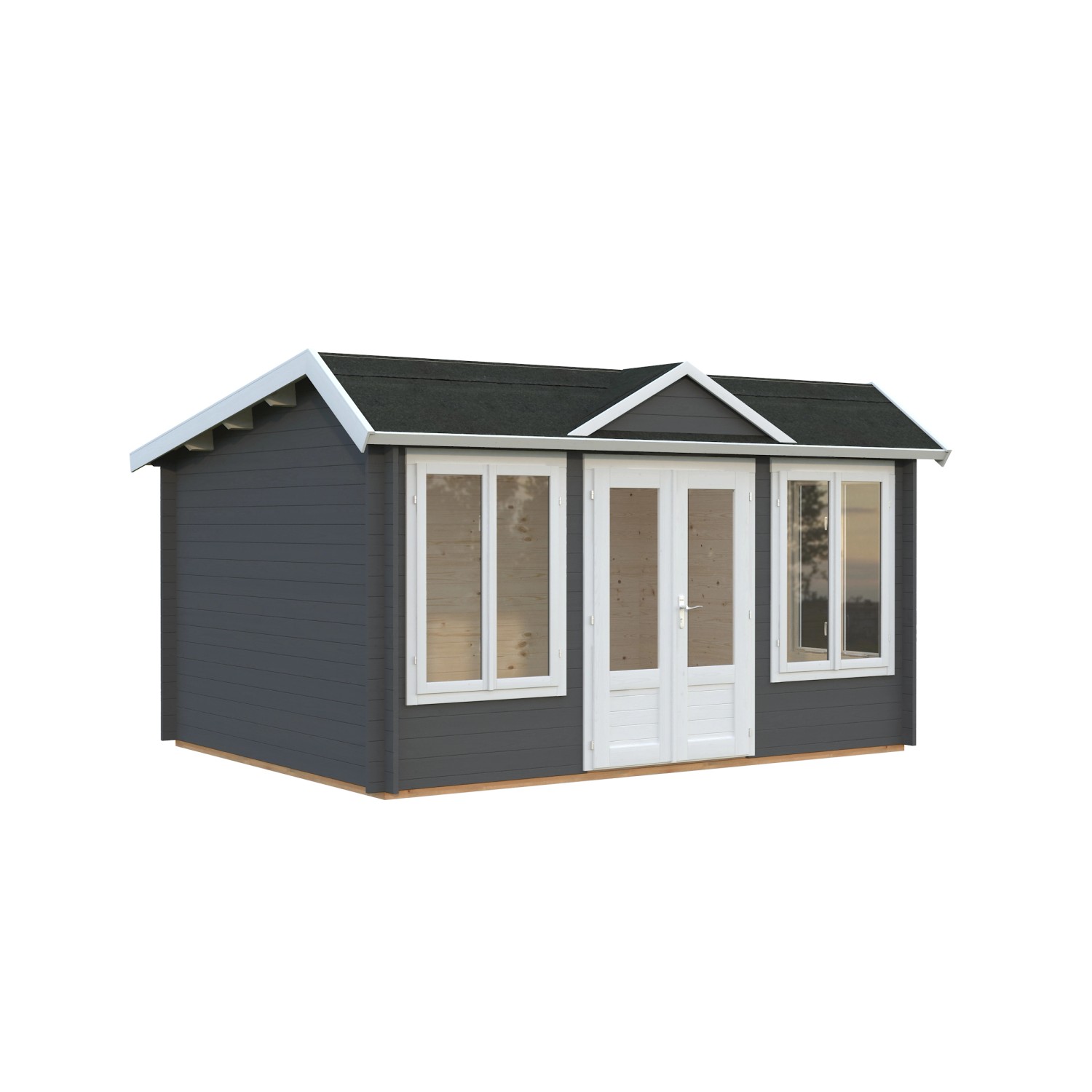 Palmako Gartenhaus Claudia Pent, 400x300 cm, dunkelgrau-weiß lackiert, mit Doppeltür und Fenstern.