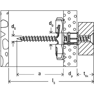 Skizze eines Fischer DuoTec 10 S Hohlraumdübels mit Schraube und Bemaßung.