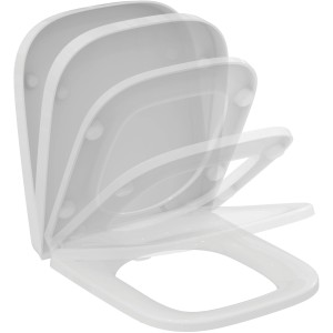 Ideal Standard i.life S WC-Sitz, Wrapover, Softclosing, Weiß. Mehrere Öffnungspositionen dargestellt.