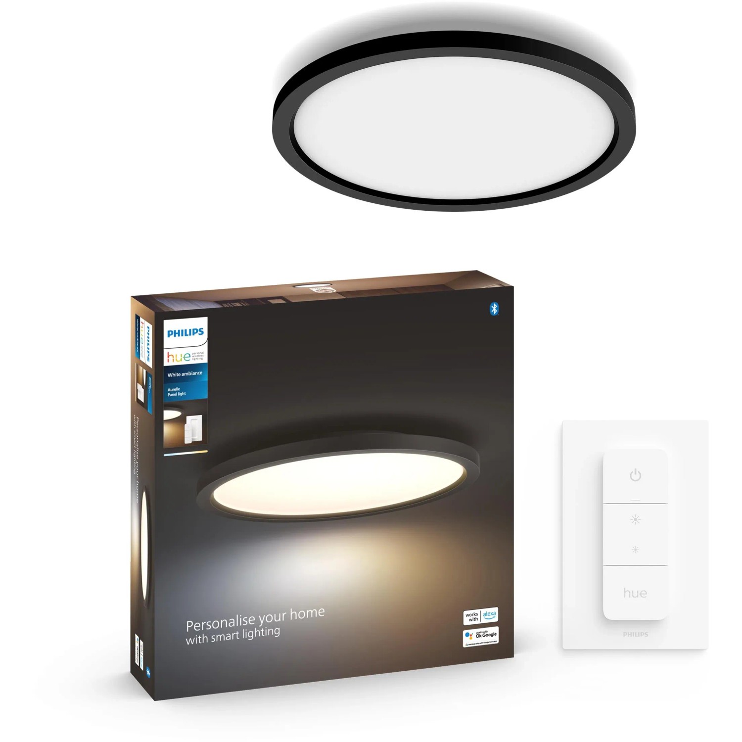 Philips Hue Aurelle LED-Panel, Ø 39,5 cm, Schwarz, mit Verpackung und Dimmschalter.