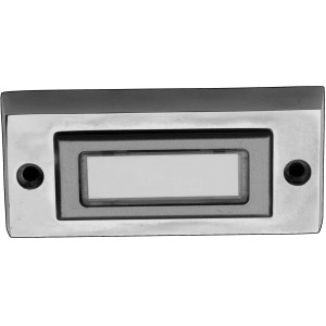 Silberner Klingeltaster mit Namensschild für Aufputzmontage an der Haustür.