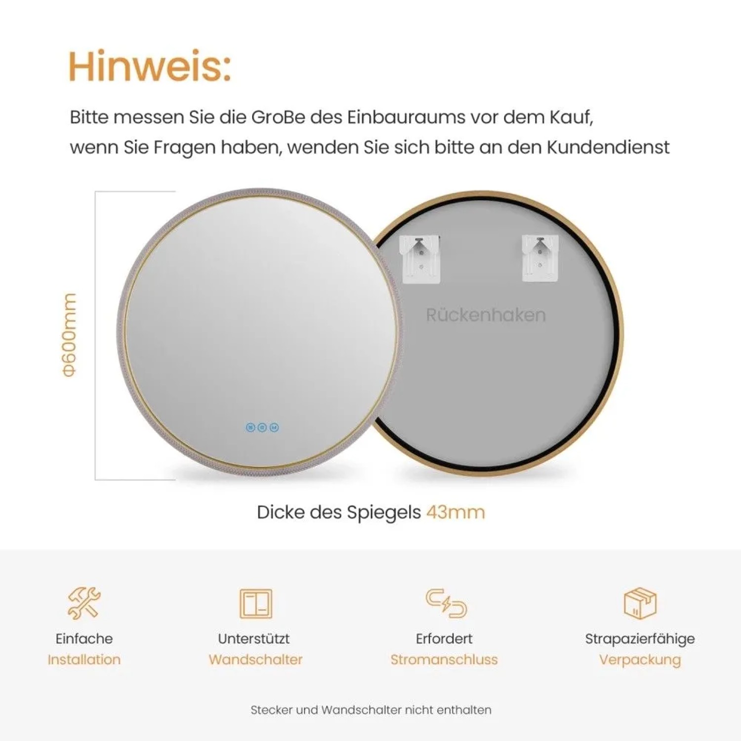 Runder Emke LED Badezimmerspiegel 60cm mit goldenem Rand, Touch-Steuerung, Antibeschlag, dimmbar, Rückseite mit Haken.
